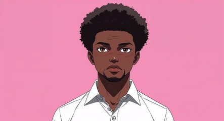 Obraz premium Black African guy in white shirt on pink bright plain background anime cartoon illustration