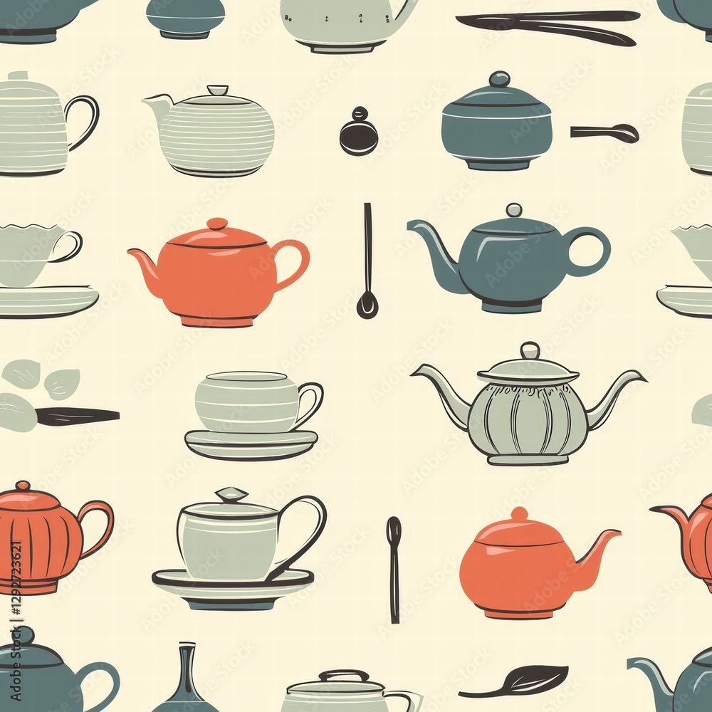 Poster charming pattern of teapots and cups arranged harmoniously on a soft background for cozy vibes
