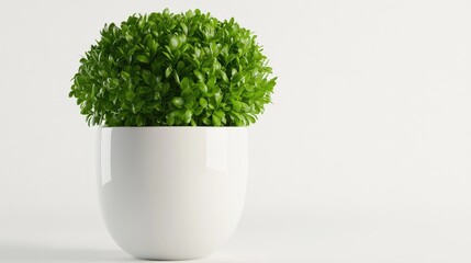 A single green plant in a minimalist white pot on a plain white background, emphasizing simplicity.
