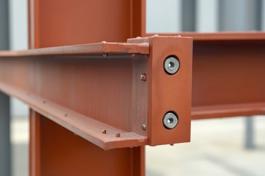 Steel beams joined by bolts metal structure primed with red iron oxide