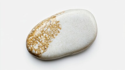 A single, smooth white stone placed in the center of a solid white background, symbolizing tranquility.