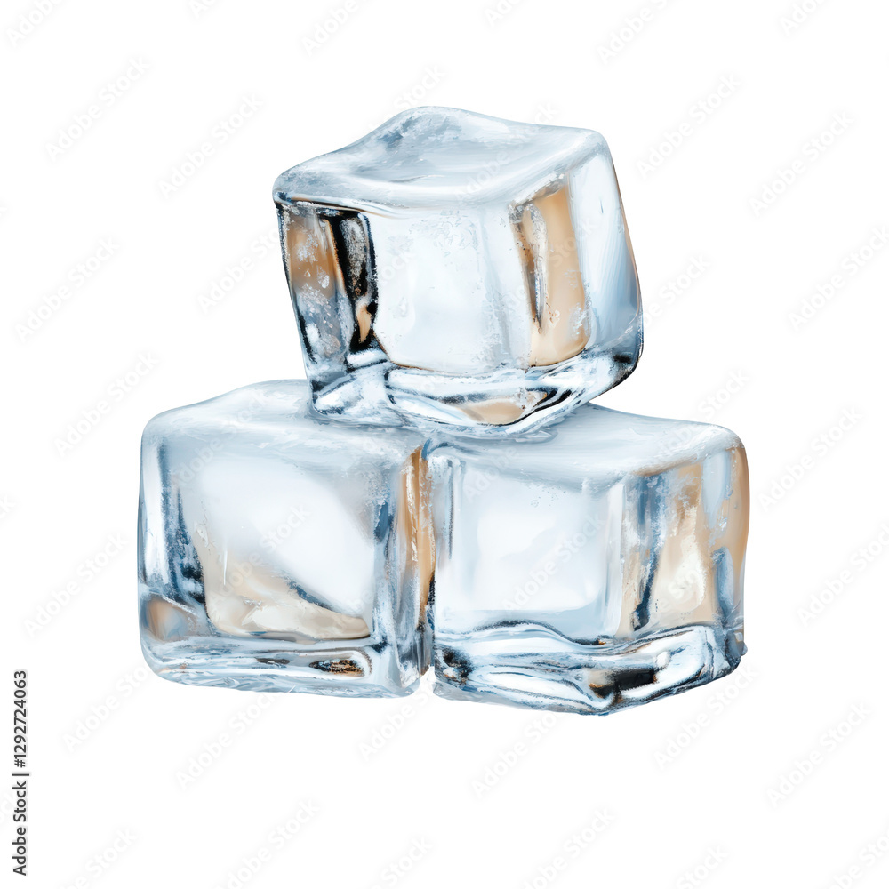 Poster three crystal clear ice cubes displayed on a smooth surface reflecting light for a refreshing bevera