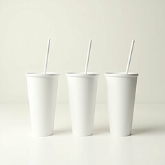 Three white plastic cups with straws is white	