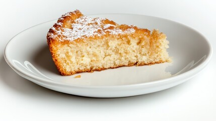 A small white ceramic plate with a piece of cake resting on it, captured on a solid white background without logos.