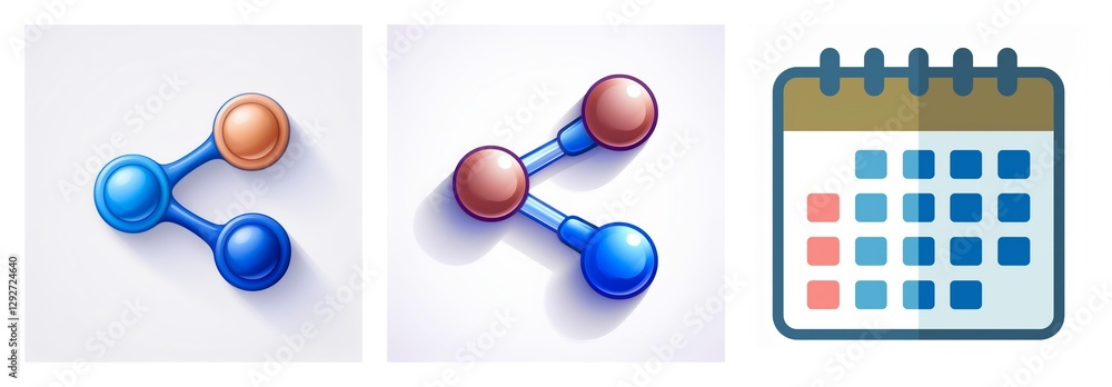 Poster three glossy icons: two share symbols in blue with brown/red accents and a calendar icon displaying 