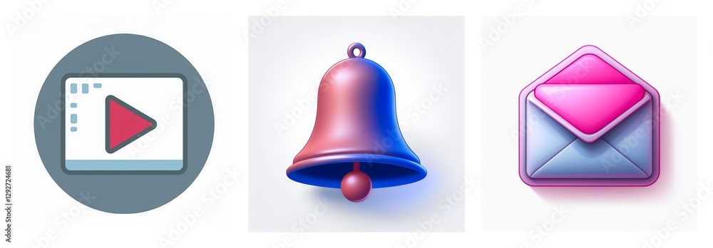 Poster three glossy app icons on a white background: a play button inside a circle, a bell with a clapper, 