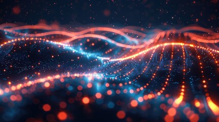 Obraz premium Abstract picture of neon light particle with digital technology style design connecting become dynamic of electric wave movement represent about flowing of data or structure of network system. AIG53.
