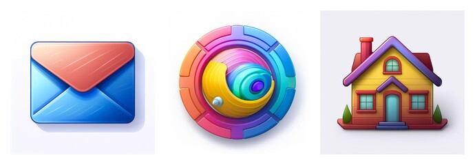 Three glossy icons on a white background: a blue envelope with a red flap, a vibrant circular icon with rainbow segments and a swirl, and a cozy yellow house.