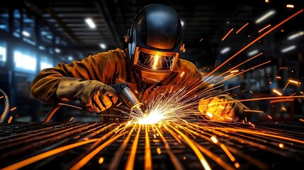 Skilled welder intensely focused sparks flying in bright golden streaks as they precisely weld and fabricate metal in an industrial shipyard workshop