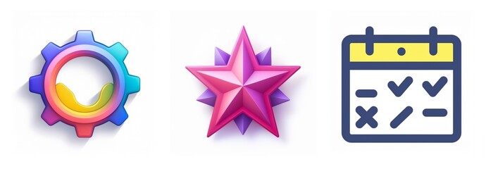 Three icons: a colorful gear, a shiny star, and a calendar with check marks and crosses. They represent settings, achievement, and schedule.