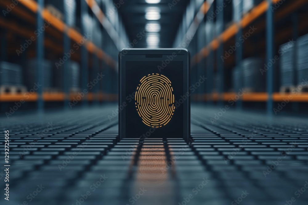 Poster implementing biometric security systems in high-tech warehouses for enhanced logistic management