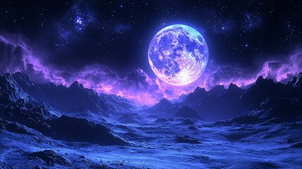 Enchanting blue moon over a mystical, snow-covered mountain range under a starry sky.