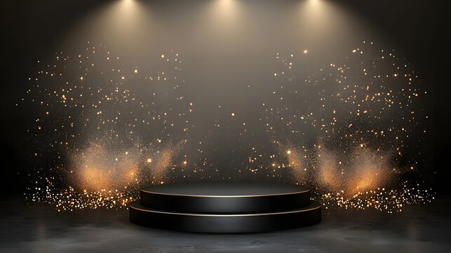 Sleek black pedestal with glowing golden sparkles soft spotlight highlighting the stage glamorous and sophisticated product display concept for showroom event or product launch presentation