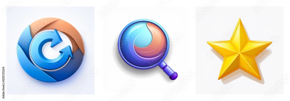Poster glossy 3d icons set with a circular arrow for refresh, magnifying glass for search, and a yellow sta