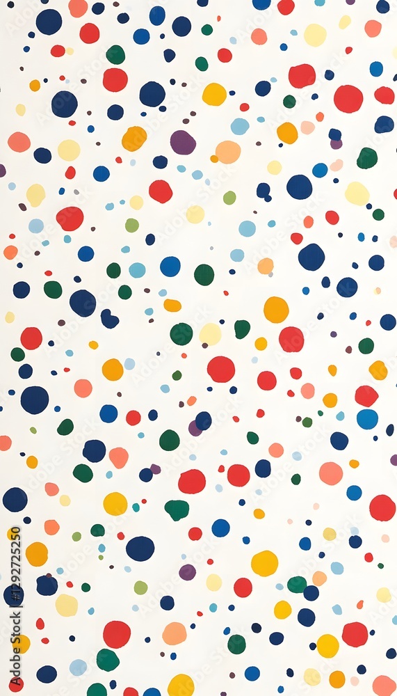 Poster an array of colorful spots scattered randomly across white background