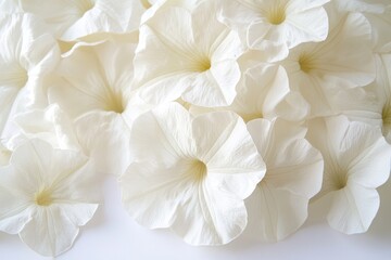 Summer annual garden showcasing blooming white petunias featuring close ups of their delicate petals