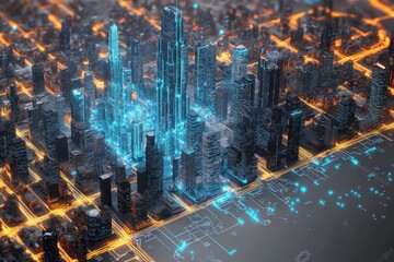 Fototapeta premium Futuristic Cityscape High-Tech Urban Landscape Augmented Reality Digital Architecture