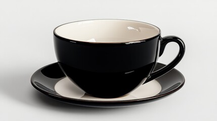 Close-up of a simple black coffee cup with a white saucer, placed on a solid white surface, highlighting elegance.