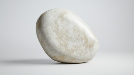 Fototapeta premium Close-up of a smooth white stone placed perfectly in the center of a solid white studio background for a calming effect.