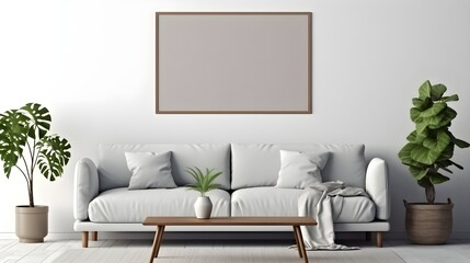 Modern Minimalist Living Room Interior Design with White Sofa Plants and Empty Frame Mockup