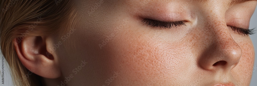 Poster Close up examination of facial features showcasing contrast between drawn lines and smooth skin. Generative AI