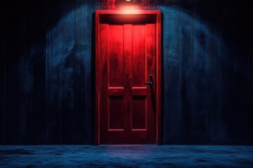 Red door in a dark room, mysterious vibe. Perfect for suspense, horror, or mystery themes.