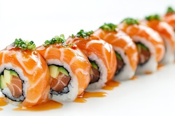 Sushi roll containing fresh salmon smoked eel cream cheese and avocado garnished with smoked eel