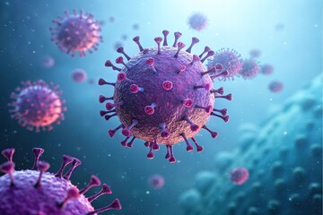 Microscopic view of virus cells floating in a blue environment representing infection and disease spread

