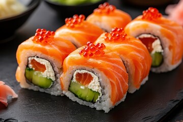 Sushi variety featuring salmon smoked eel cucumber avocado cream cheese and red caviar Japanese cuisine