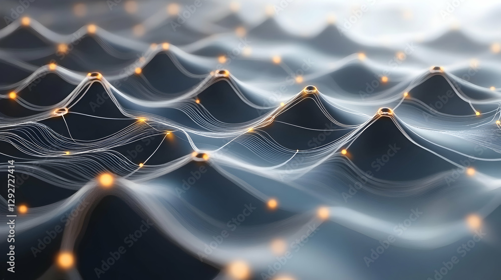 Poster abstract digital landscape with glowing nodes and interconnected lines, depicting a network or data 