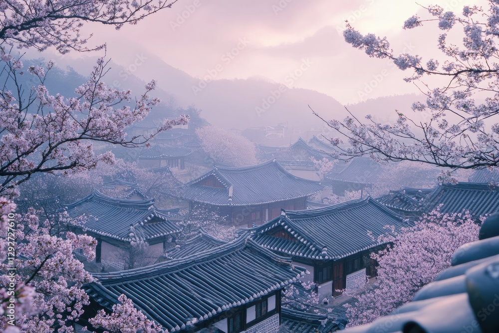 Poster blossoming cherry trees surround traditional korean houses in a serene countryside setting during sp