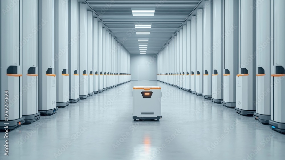 Poster high-tech delivery robots navigate mega logistics hub futuristic warehouse technology overview high-