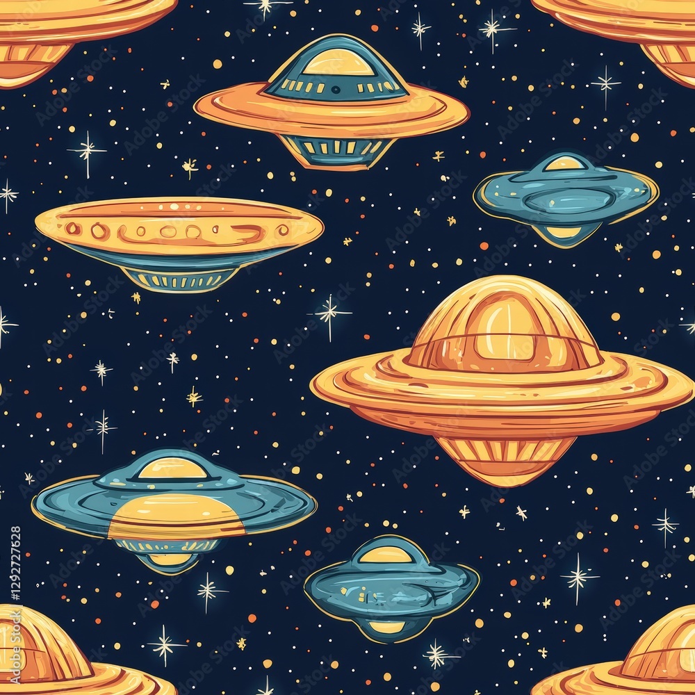 Poster intricate pattern featuring colorful spaceships and celestial planets against a dark background