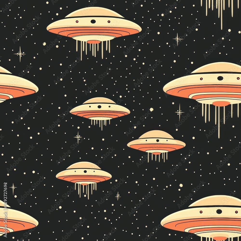 Poster captivating pattern of colorful spaceships surrounded by twinkling stars on a dark background