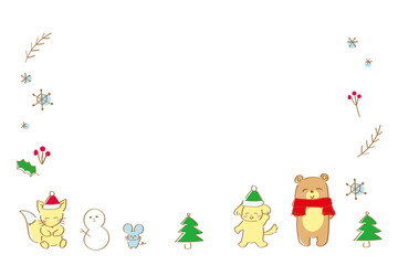 かわいい冬の手書きの動物フレーム　クリスマス　冬　お楽しみ会
