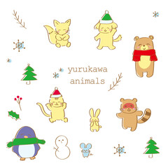 冬の動物のイラスト素材セット　クリスマス　可愛い　手書きのイラスト