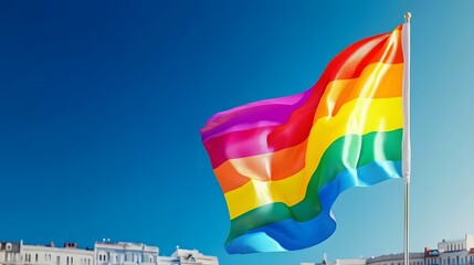 Vibrant rainbow pride flag rippling and fluttering in the breeze with a deep blue sky serving as the striking backdrop  Capturing the dynamic movement spirit and of the LGBTQ community