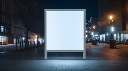 Illuminated Blank Billboard Sign Mockup on City Street at Night