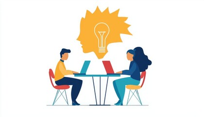 Two professionals collaborating creatively with laptops and ideas in the air.