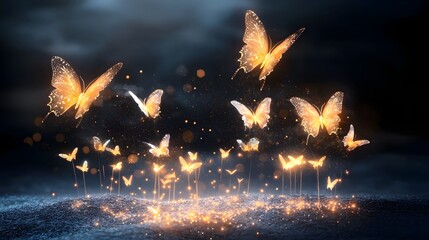 Whimsical neon butterflies hovering above a vibrant bioluminescent garden deep twilight ambiance creating a surreal and enchanting night scene full of magical wonder and allure