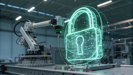OT security defense. A robotic arm presents a glowing digital padlock symbol, representing cybersecurity and automation in a modern industrial setting.