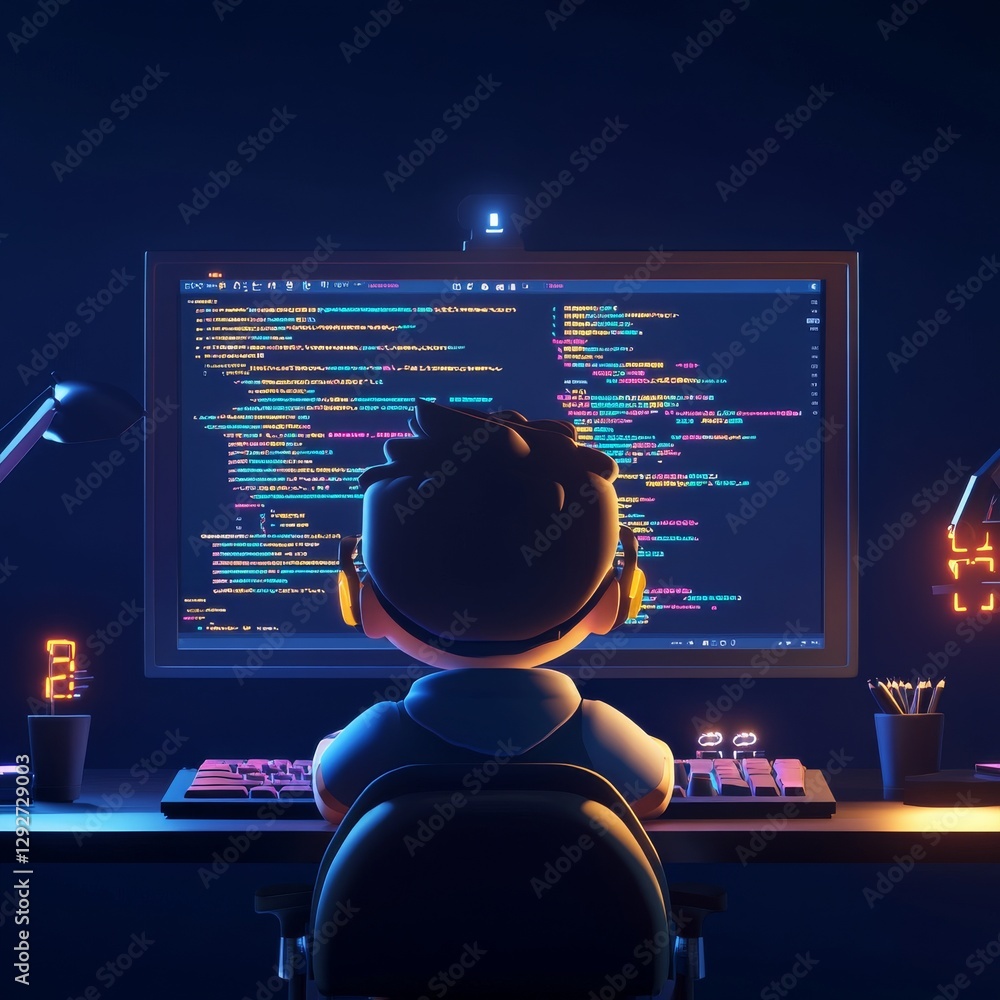 Aufkleber developer at work: a cartoon character codes in a dark room with glowing lights