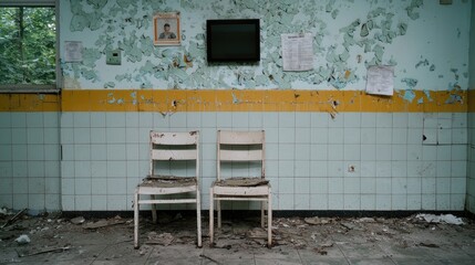 Abandoned building interior, waiting chairs, decaying walls, forgotten space, stock photo
