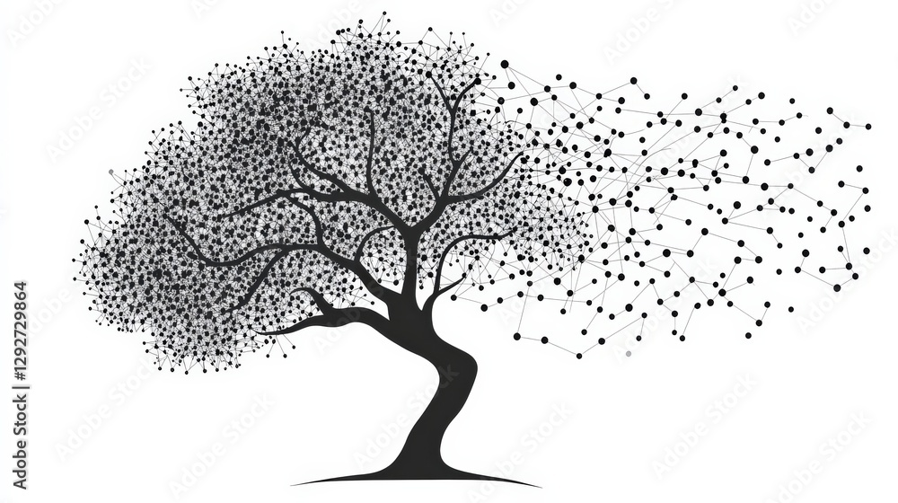 Poster abstract representation of a tree merging with a network of dots, symbolizing connection and growth
