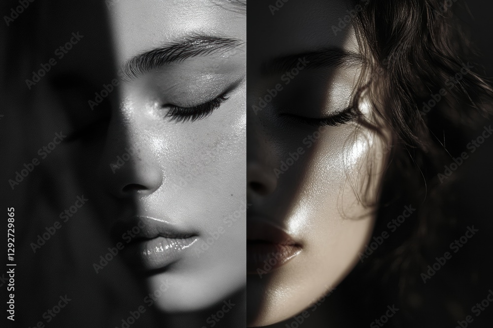 Leinwandbilder mood transformation shown through grayscale sad expression and vibrant joyful expression side by sid