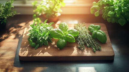 Fresh herbs variety on wooden cutting board with sunlit kitchen background.