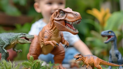 A child playing with toy dinosaurs in a lush garden setting.