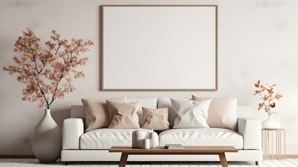 Modern Minimalist Living Room Interior Design with White Sofa Blank Canvas and Neutral Decor