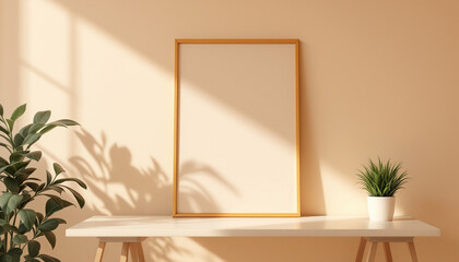 Blank Golden Frame Mockup on White Table with Plants