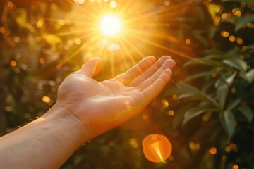 Hand Reaching Out to the Sunlight in a Lush Green Environment
